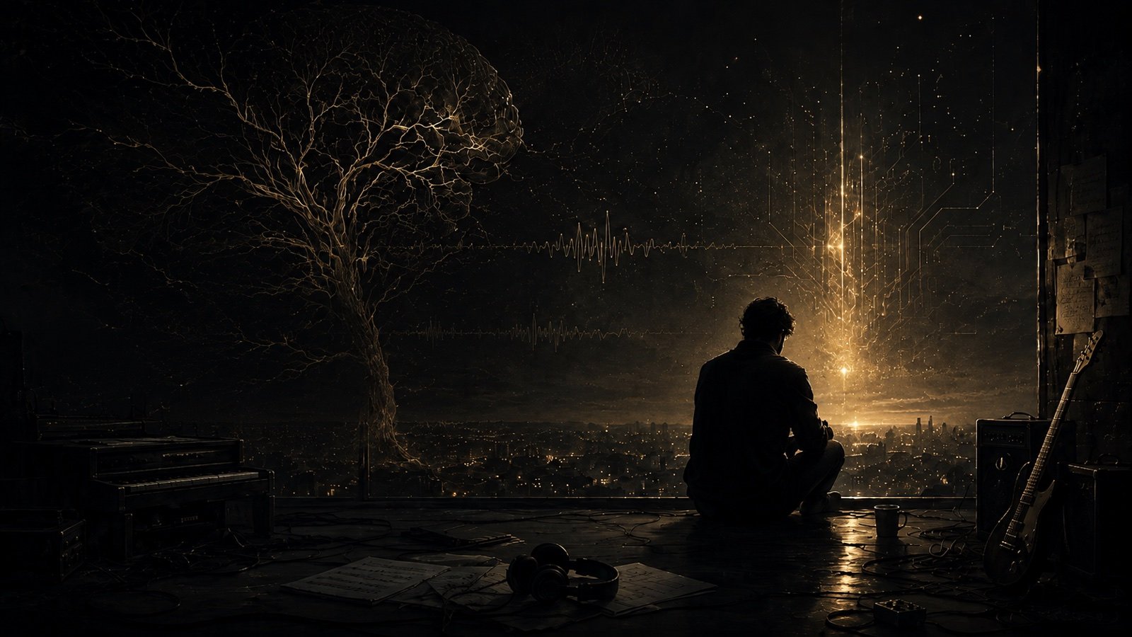 A musician seated between a piano, guitar and glowing neural circuitry, illustrating Back from the Dead by Rajat Godde