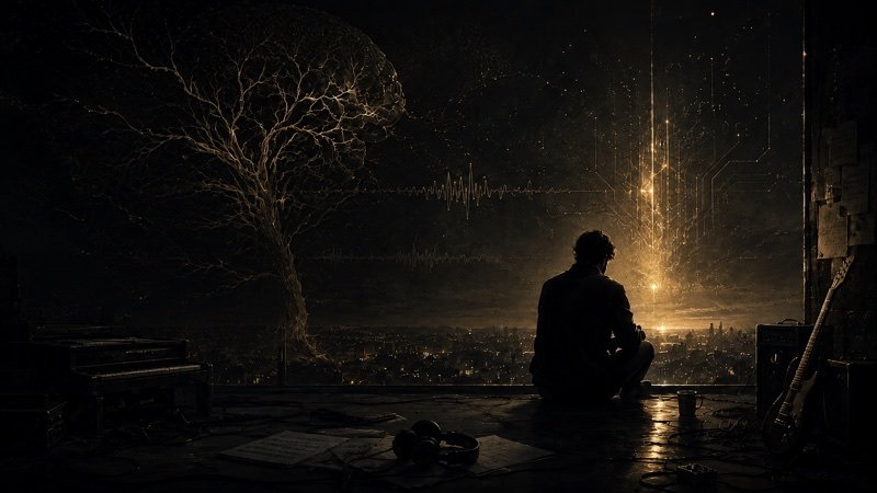 A musician seated between a piano, guitar and glowing neural circuitry, illustrating Back from the Dead by Rajat Godde