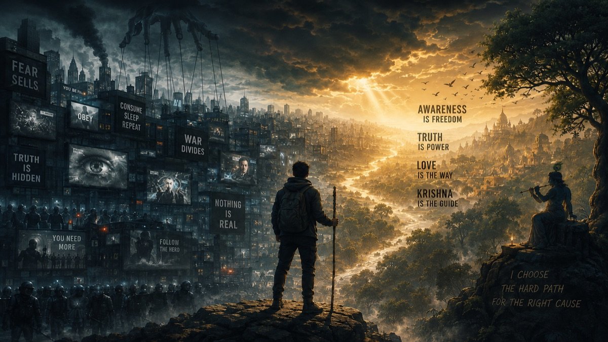 A person standing between a dark city shaped by manipulation and a luminous landscape guided by awareness and Krishna