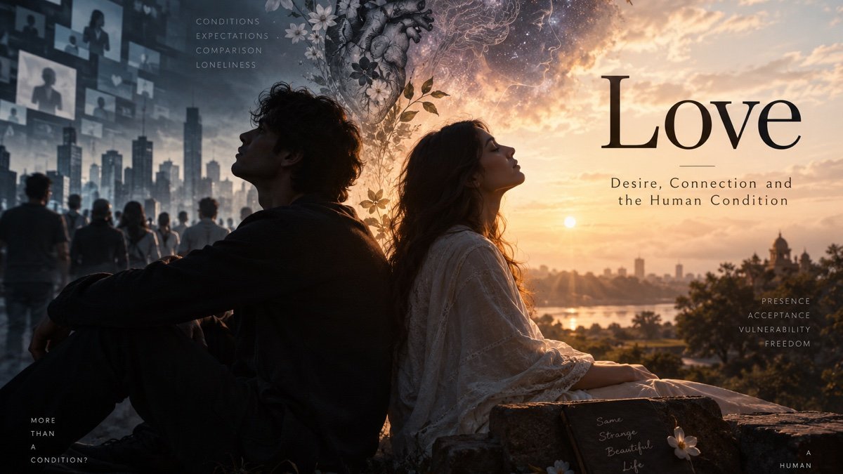 A man and a woman sit back to back at sunset between a grey city of screens and a warm skyline, an anatomical heart and flowers rising between them, with the word Love in the sky