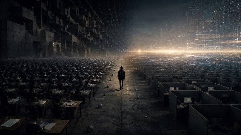 A lone person walking between education and office systems toward a digital horizon